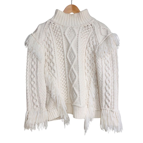 Coach Fringe Wool Turtleneck Sweater Cream Womens Size Medium